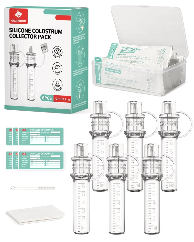 dearlomum Colostrum Collector Kit Breast Milk Collector 6ml/6pcs,Reusable, Heat & Freezer Resistant, BPA-Free, with Cotton Cloth Wipe, Storage Case, Cleaning Brush - Image 1